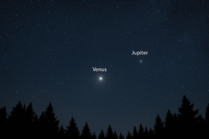 A rare celestial trio—Venus, Jupiter, and the bright star Regulus—grace the twilight sky.Credit: AI-generated image by ChatGPT.