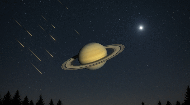 "August’s Celestial Highlights: Meteor Showers, Saturn at Opposition, and a stunning Venus-Jupiter-Regulus trio – all in one magical night sky montage." Credit: Image generated by AI using DALL·E (OpenAI).